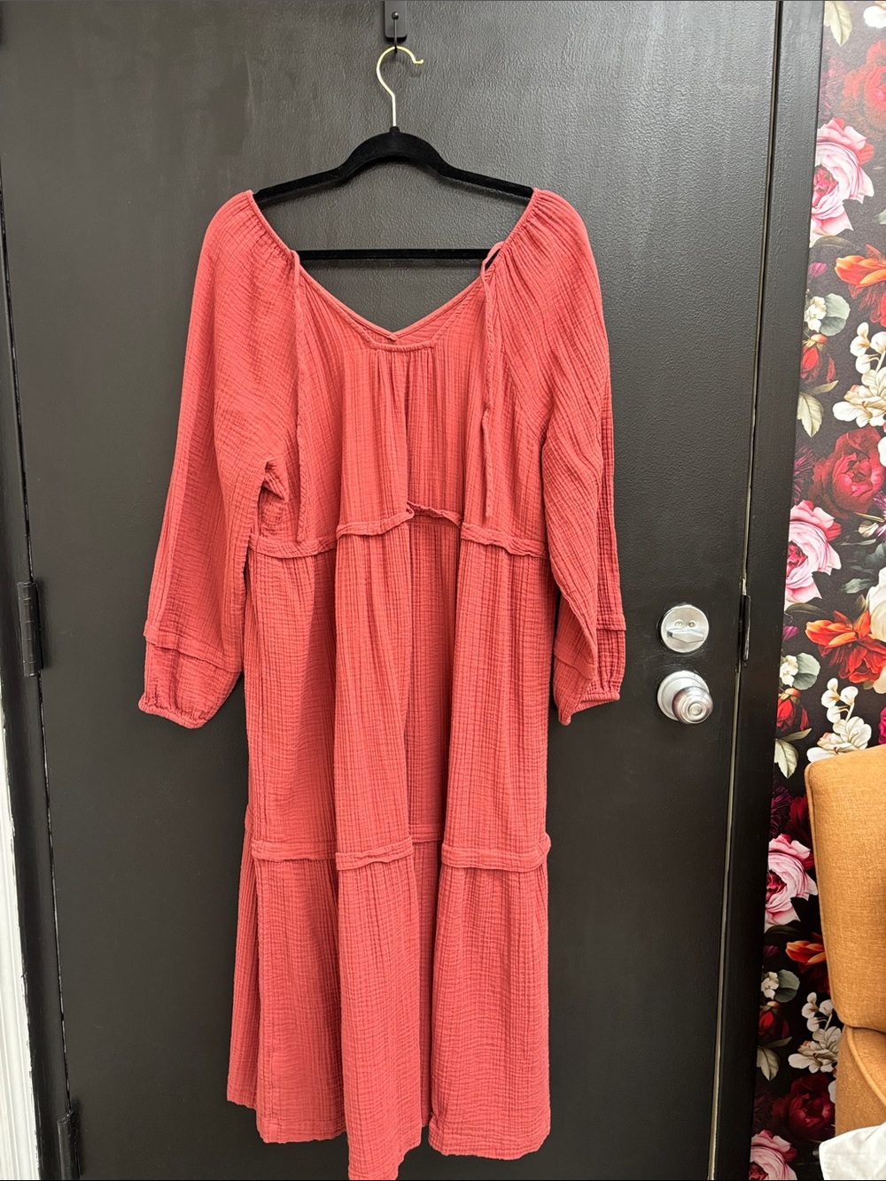 Wonderly dark Coral Tiered Maxi Dress V-Neck Tie fall light weight xl casual - Picture 5 of 5